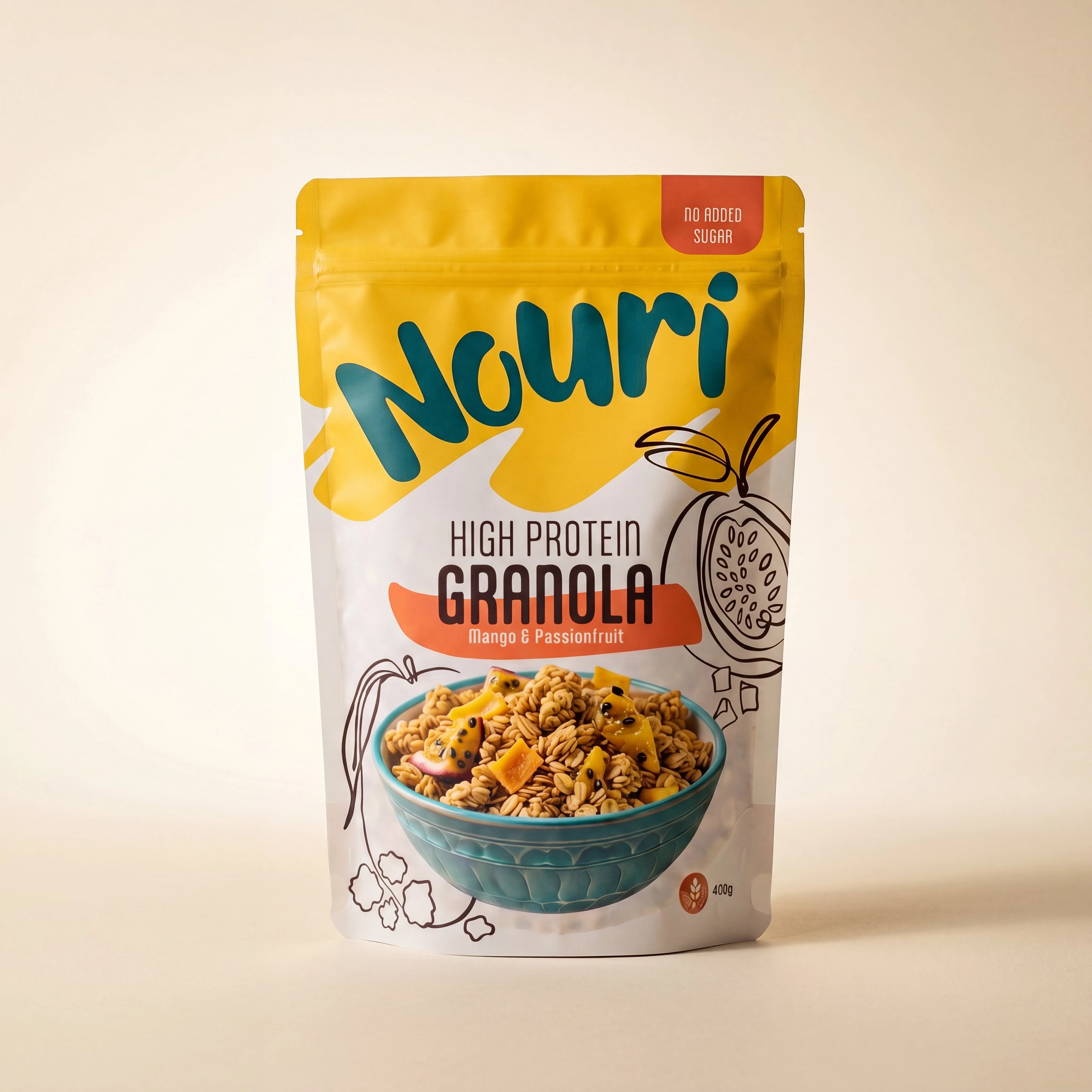 Nouri high protein granola bag with mango and passionfruit shown in a blue bowl on front