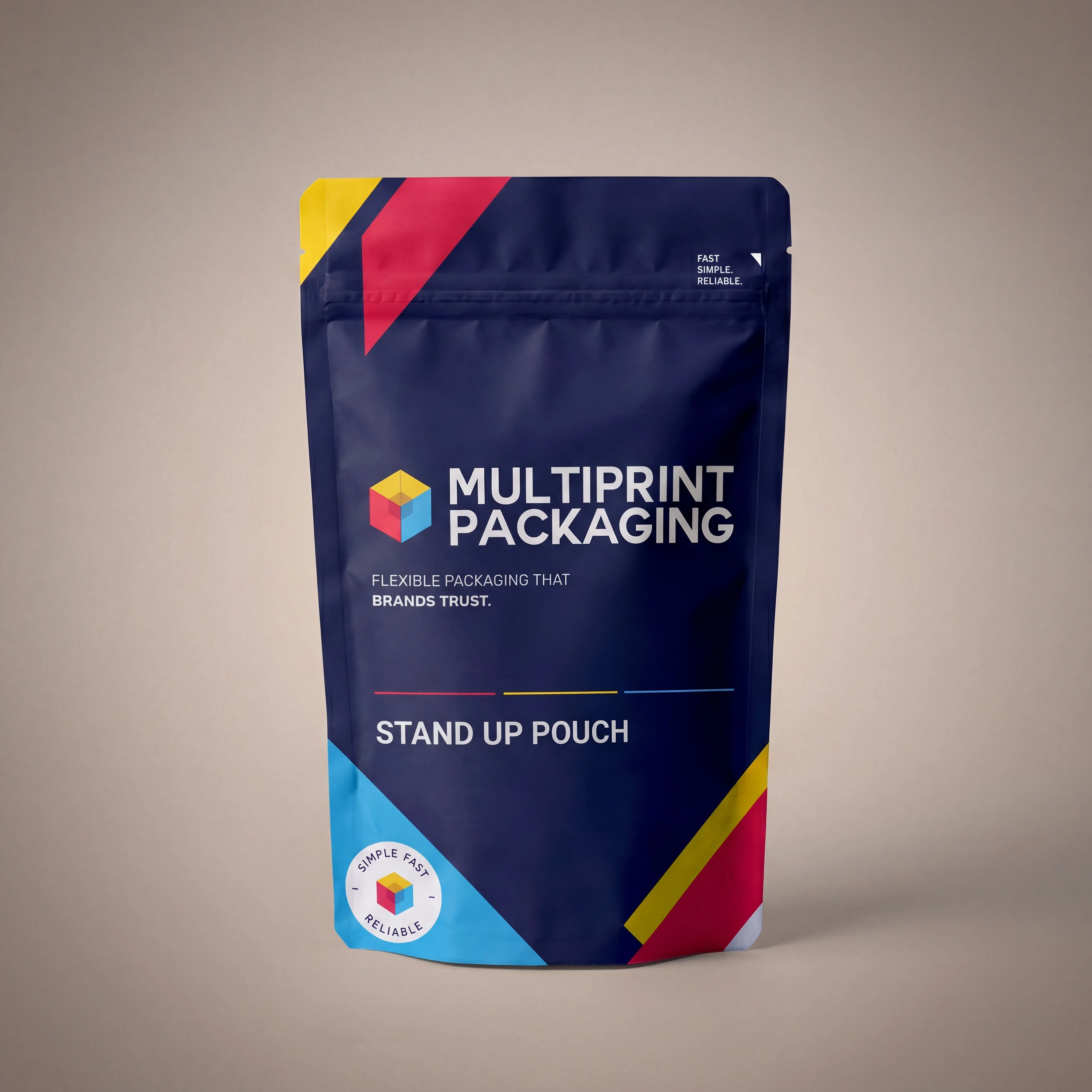 Blue stand-up pouch with colorful geometric accents and Multiprint Packaging branding and slogan.