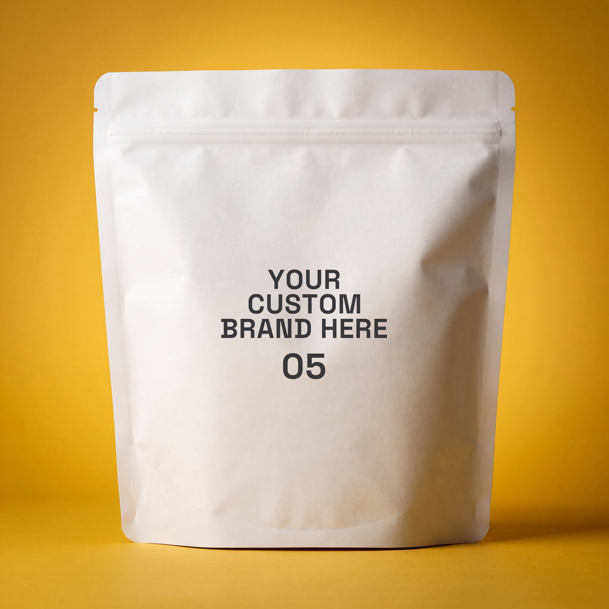 White stand-up pouch with ziplock, labeled Your Custom Brand Here 05 on a yellow background.