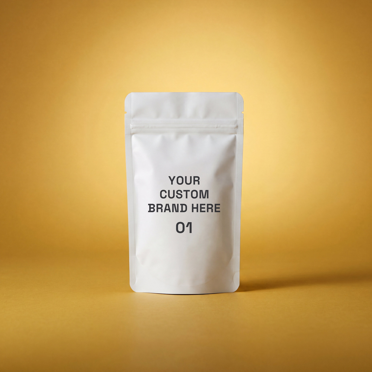 White resealable pouch bag labeled 'Your Custom Brand Here 01' on a yellow background.