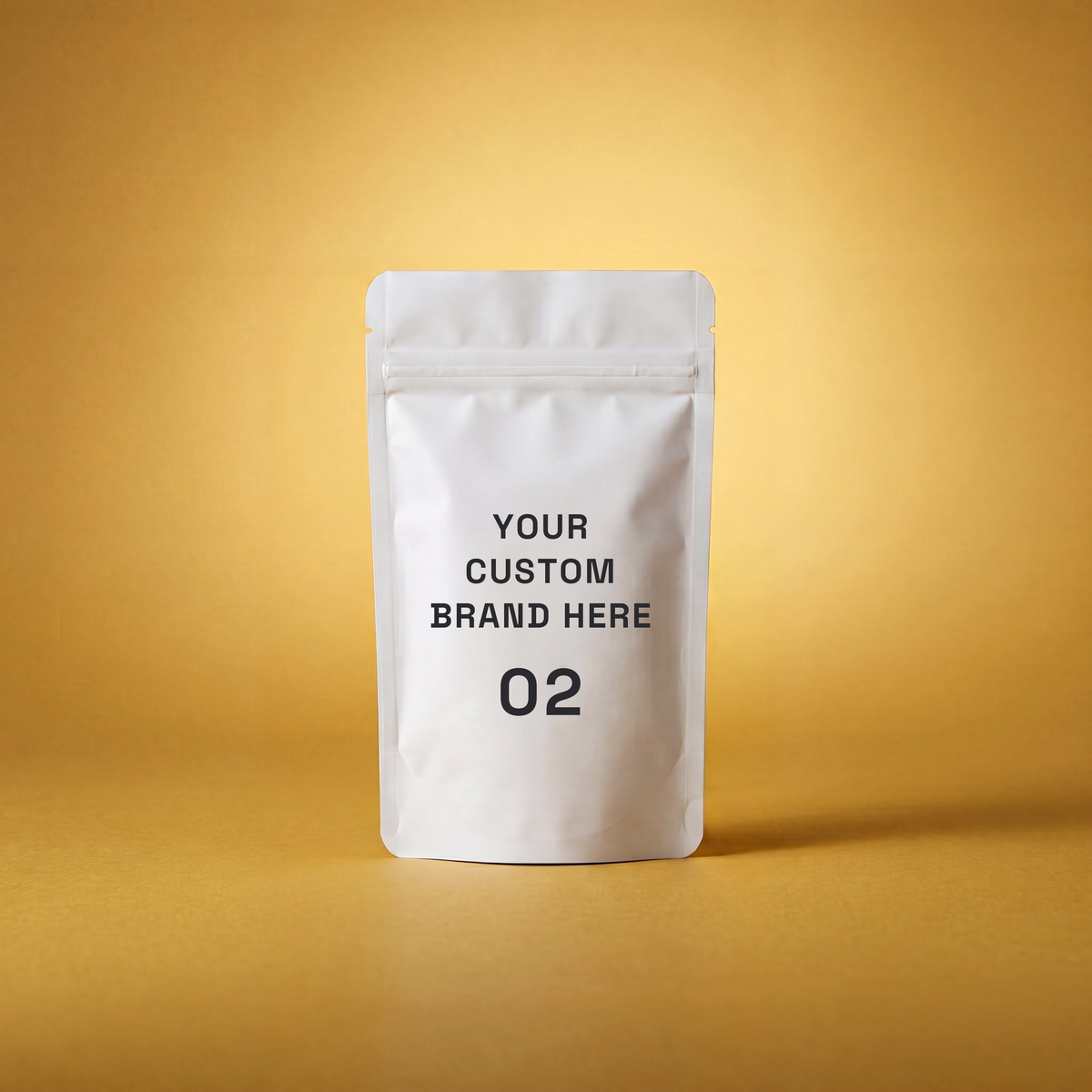 White stand-up pouch package with text 'Your Custom Brand Here 02' on a yellow background.