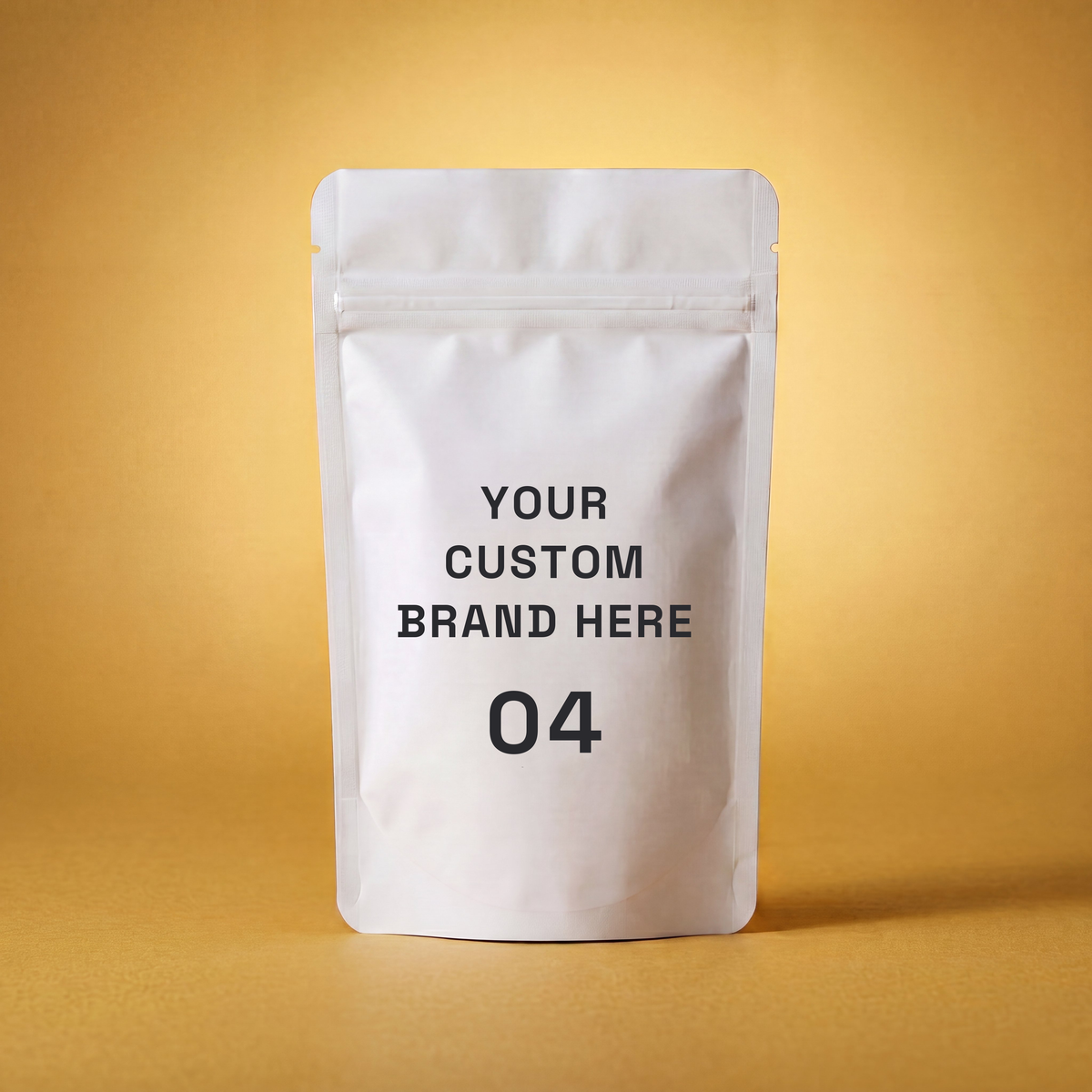 White resealable pouch with text Your Custom Brand Here 04 against a yellow background.