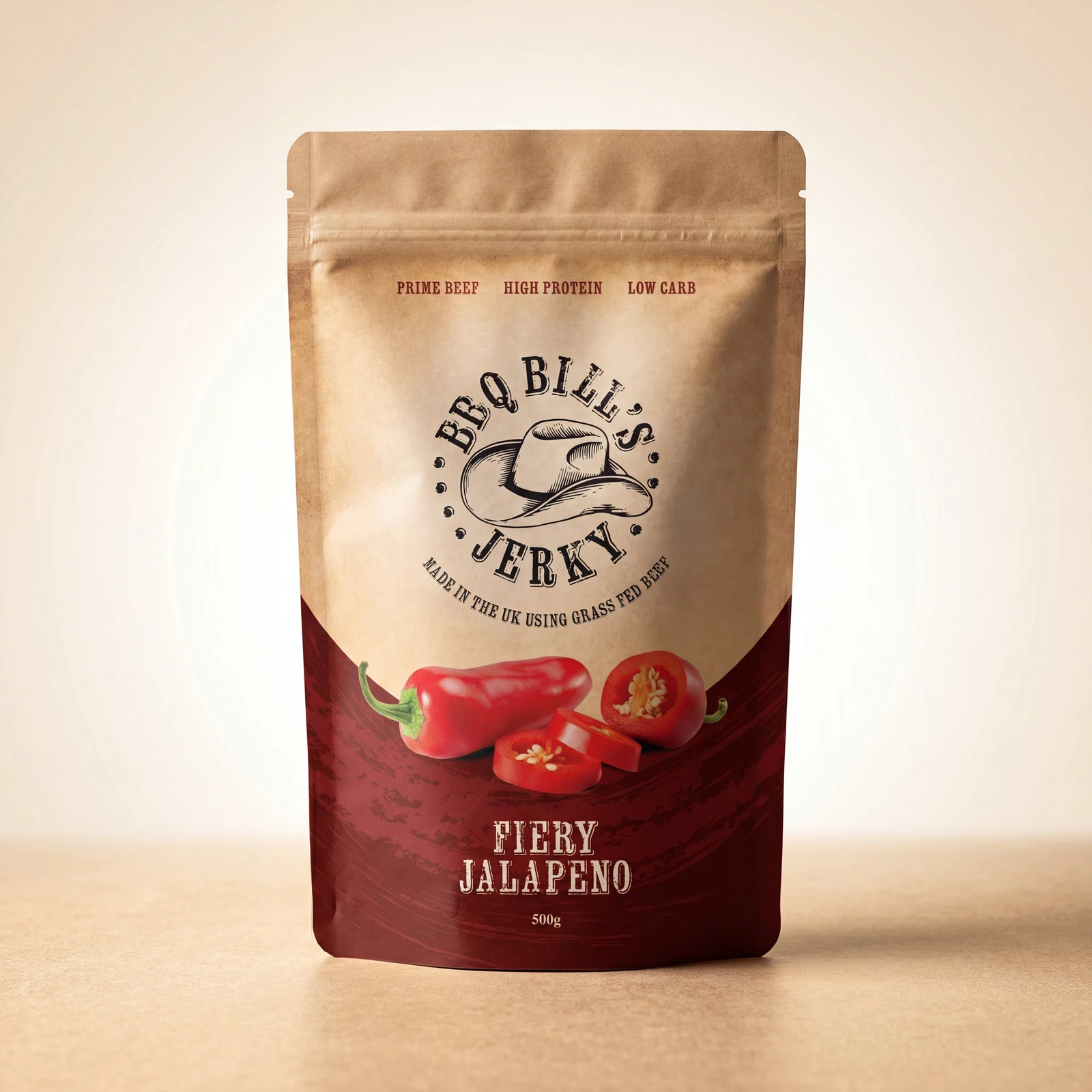 Stand-up pouch for a beef jerky brand, simulated to demonstrate Multiprint Packaging capability