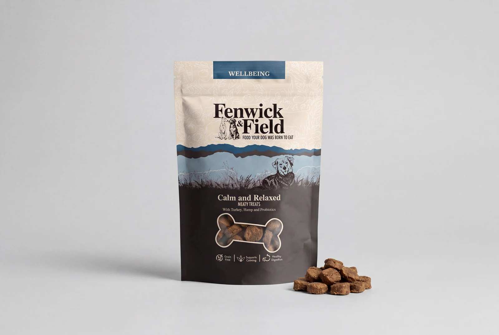 Fenwick & Field Calm and Relaxed meaty dog treats bag with pile of treats beside it on gray background.