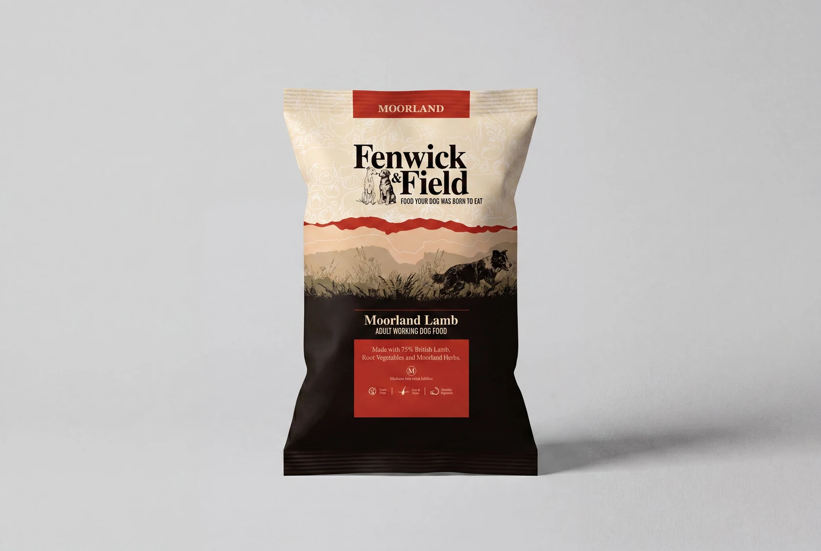 Bag of Fenwick & Field Moorland Lamb adult working dog food with natural ingredients illustration.