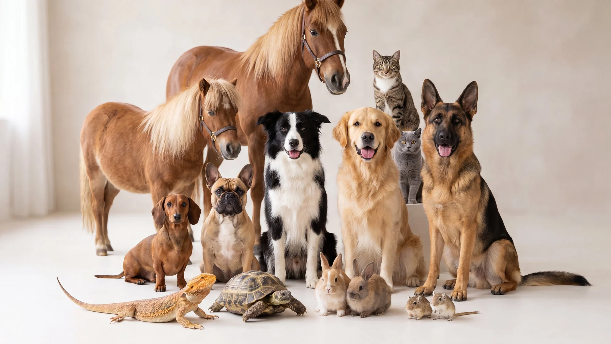 Group of various pets including horses, dogs, cats, rabbits, a tortoise, a lizard, and rodents on a light background.