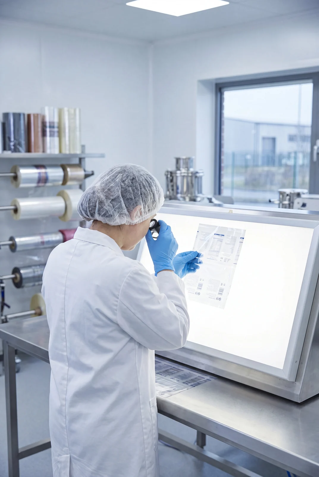 Lab worker in protective gear inspecting a transparent packaging label using a magnifier and lightbox.