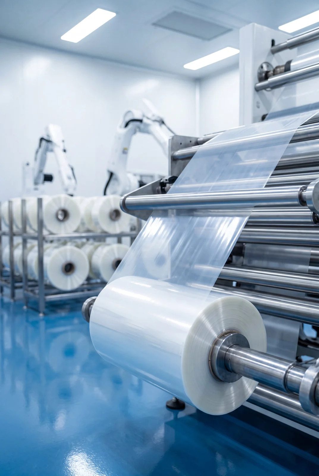 Clear plastic film being rolled and processed on machinery in a clean industrial setting.