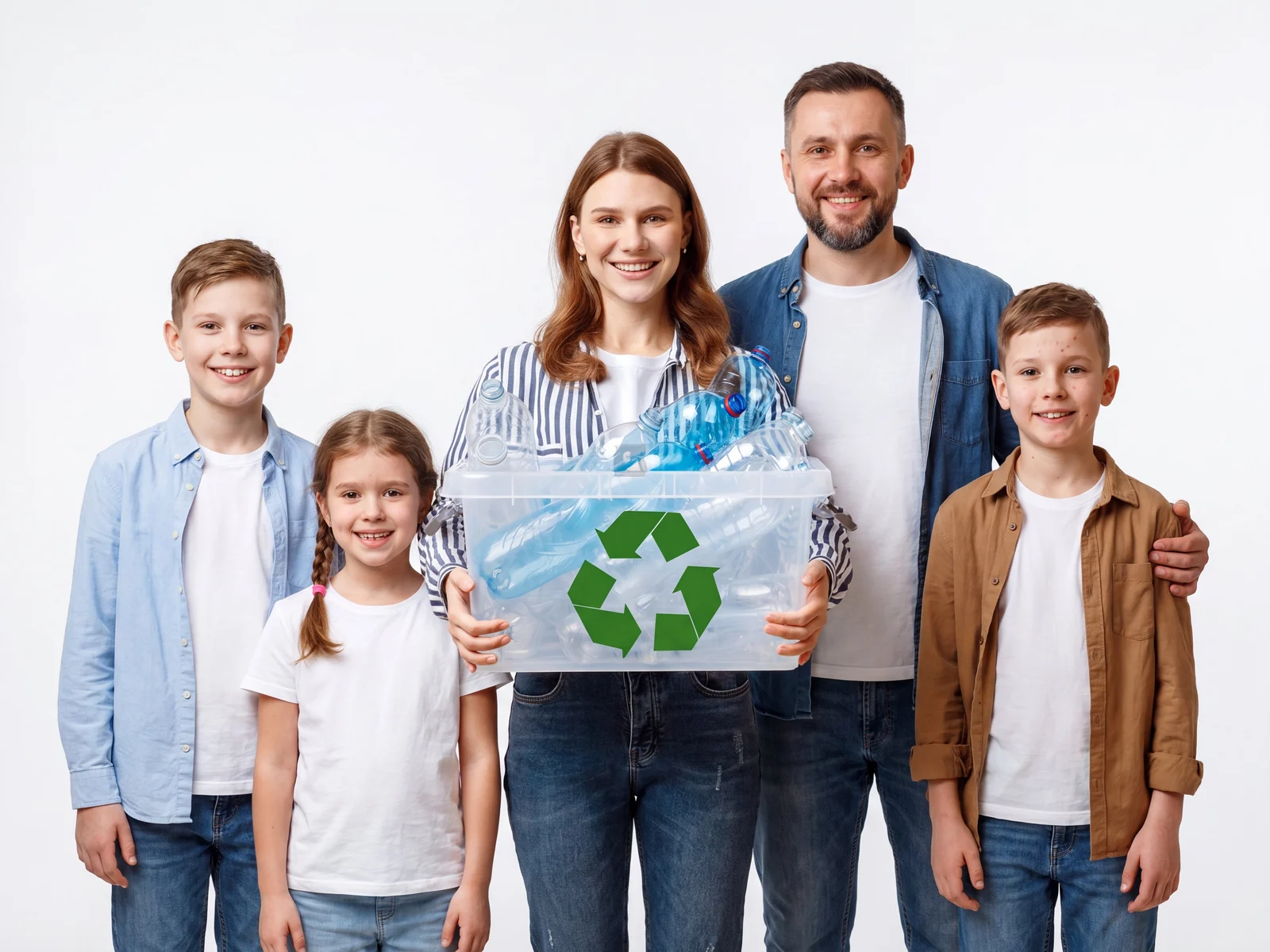 Smiling family holding a recycling bin with plastic bottles and a green recycle symbol.