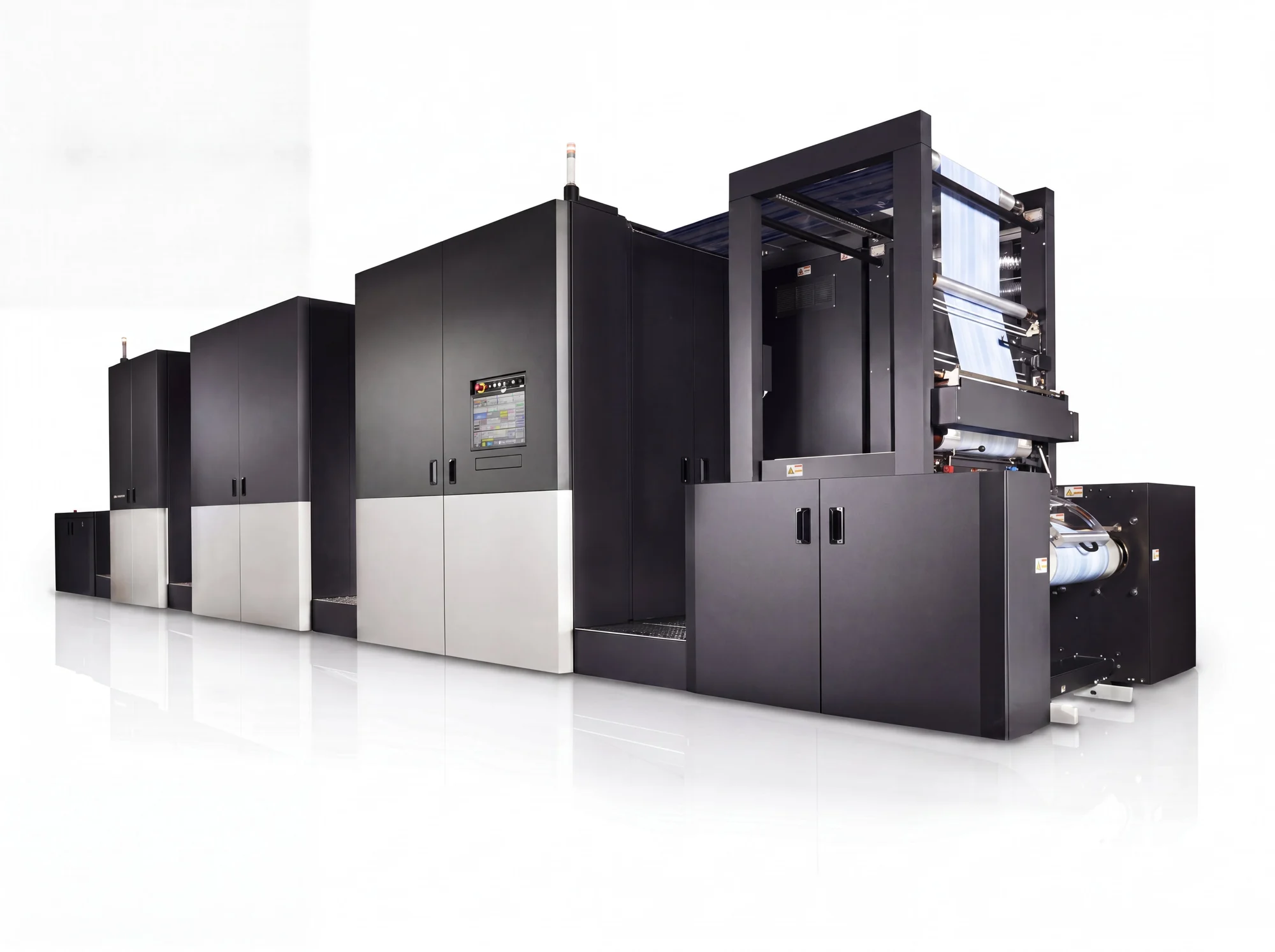 Large industrial digital printing press machine with multiple black and silver units.
