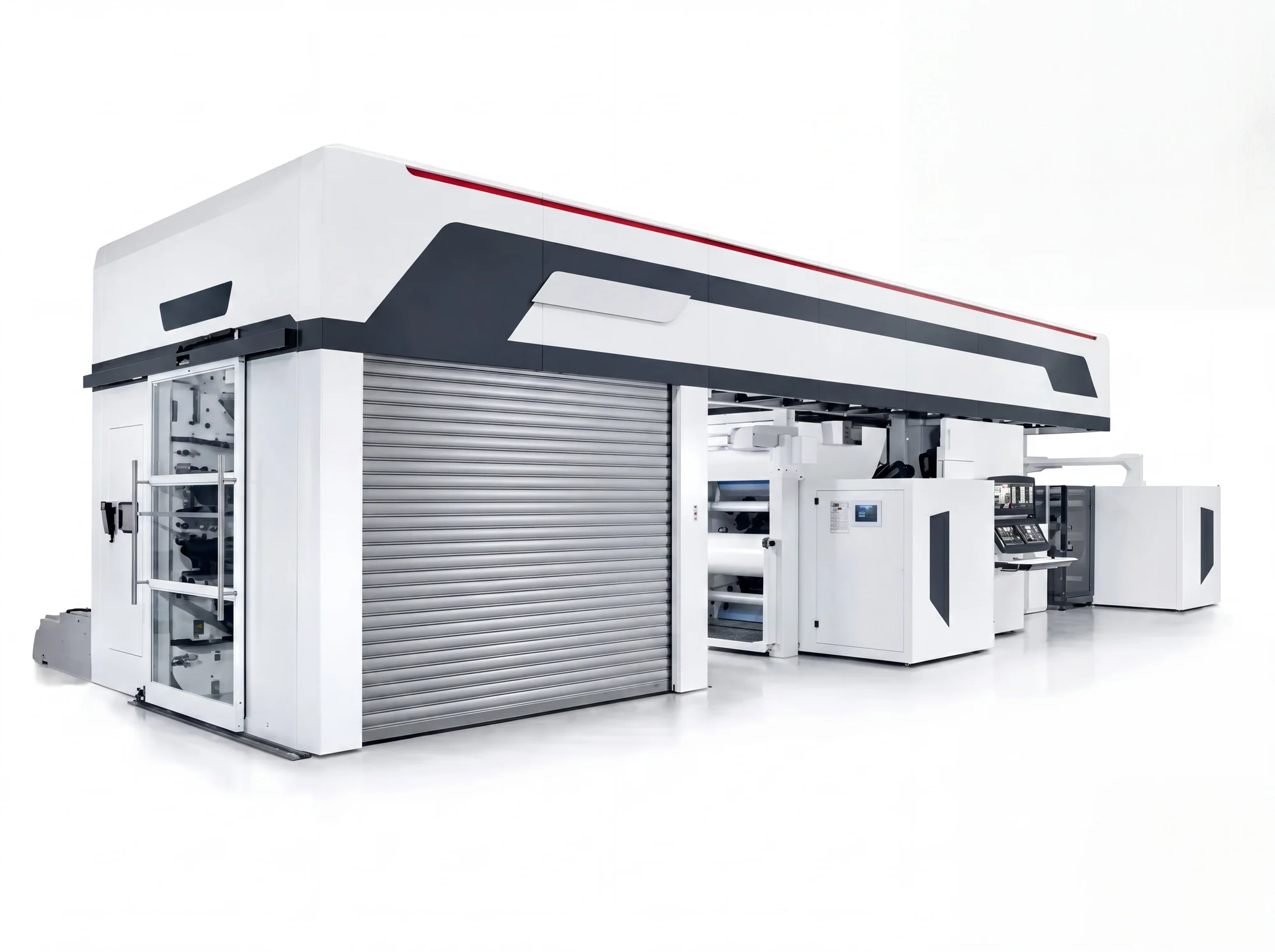 Large modern industrial Flexographic printing machine with control panels and roller shutter on white background.