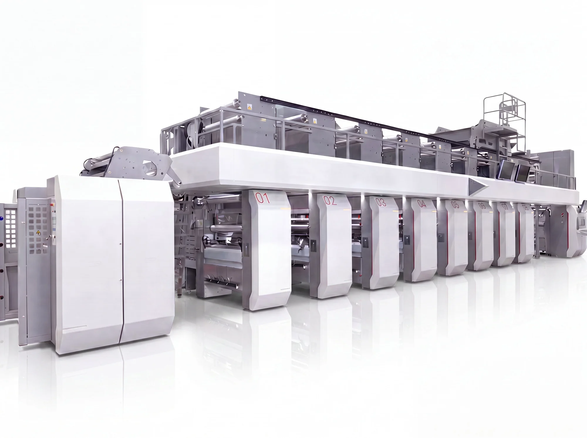 Large modern industrial printing press with multiple numbered printing units in a white room.