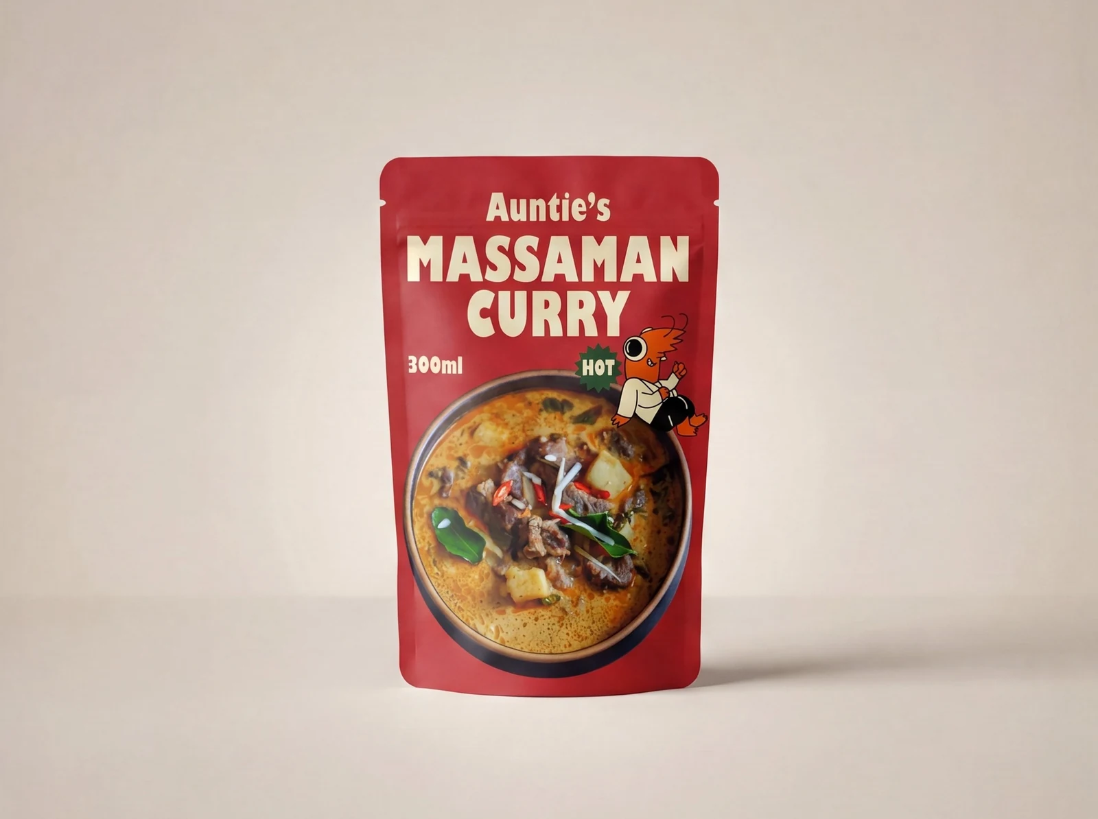 Red pouch of Auntie's Massaman Curry, 300ml, marked hot, with curry bowl image and cartoon character.