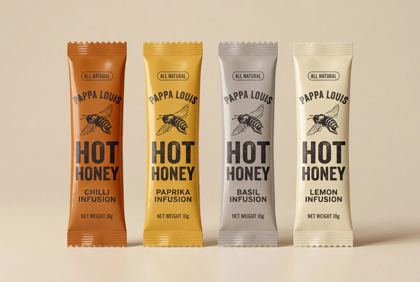 Four Pappa Louis hot honey sticks: chili, paprika, basil, and lemon infusions, all natural.