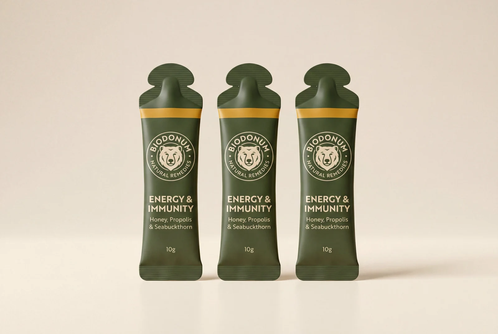 Three green Biodonum Energy & Immunity gel sachets with honey, propolis, and seabuckthorn.