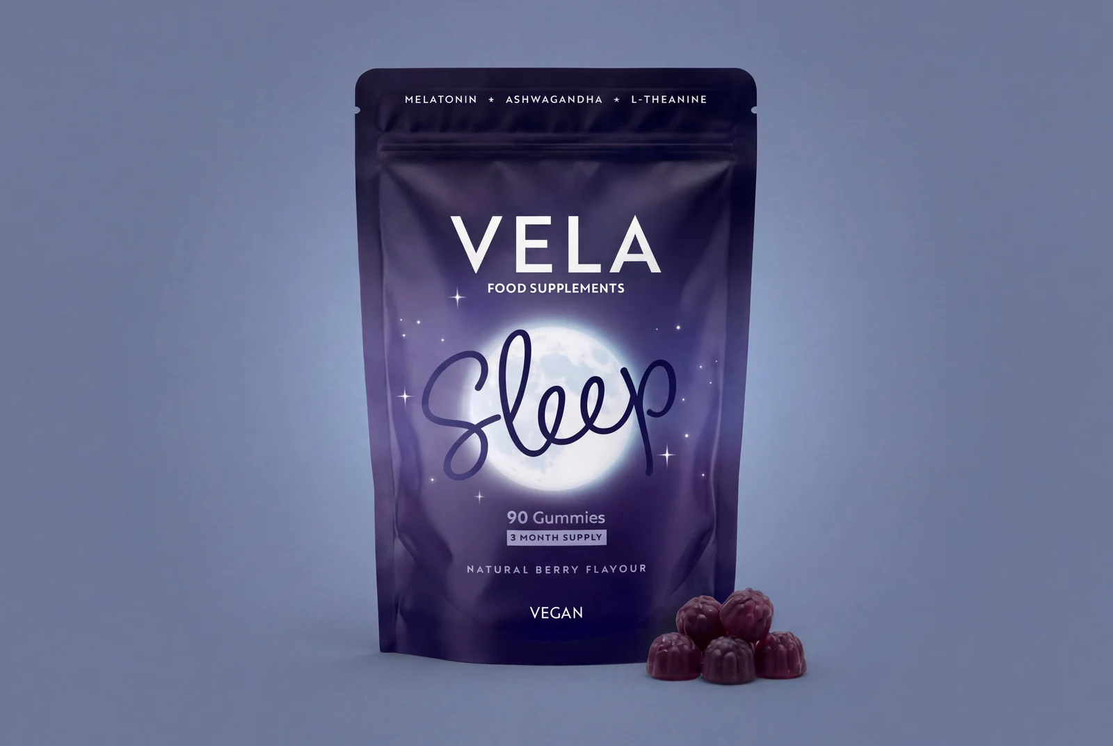Purple package of Vela Sleep gummies with natural berry flavor and melatonin, shown with five gummies.