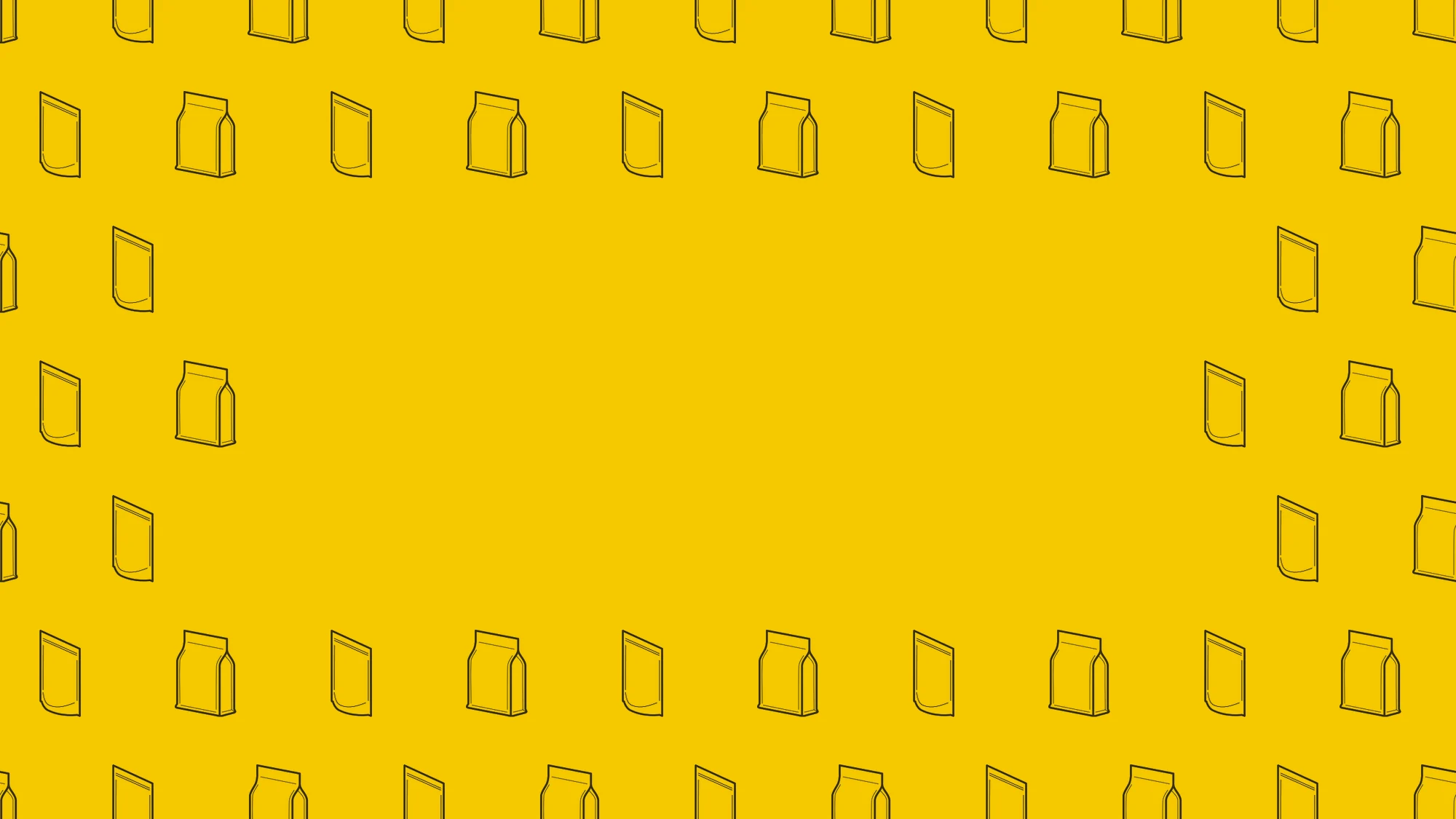Yellow background with a pattern of outlined standing and flat pouch shapes around the edges.