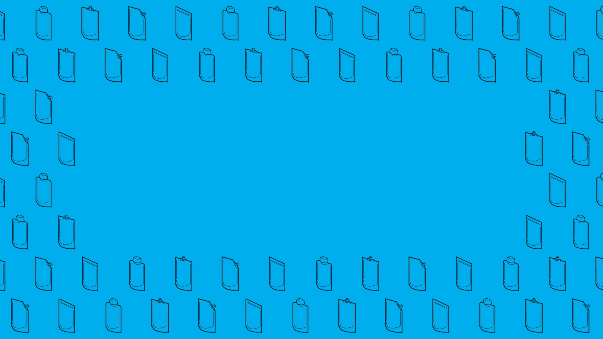 Blue background with repeated black outlined shapes of pouch containers arranged in a border pattern.