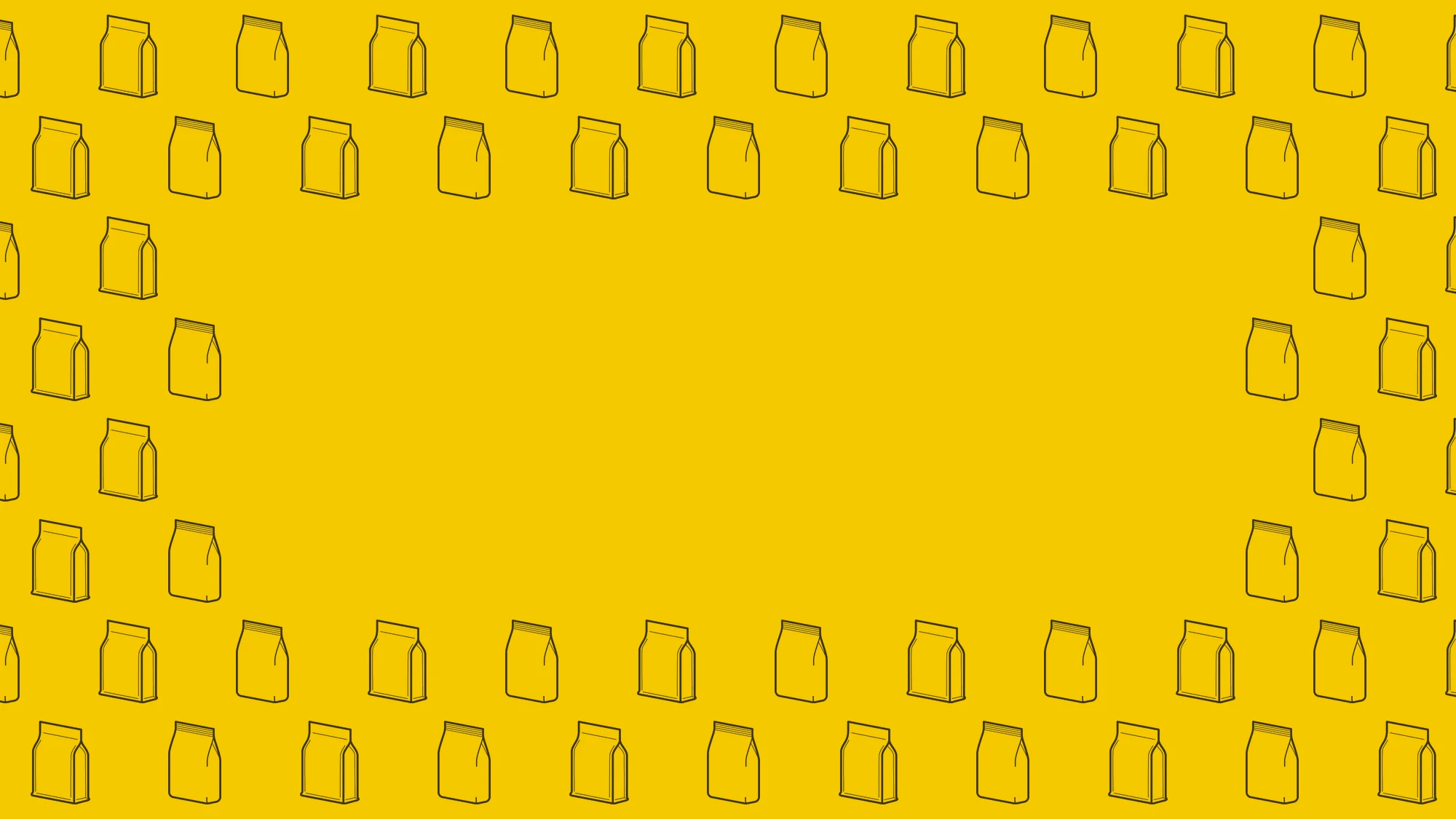 Yellow background with a border pattern of repeated outlined food packaging bags.