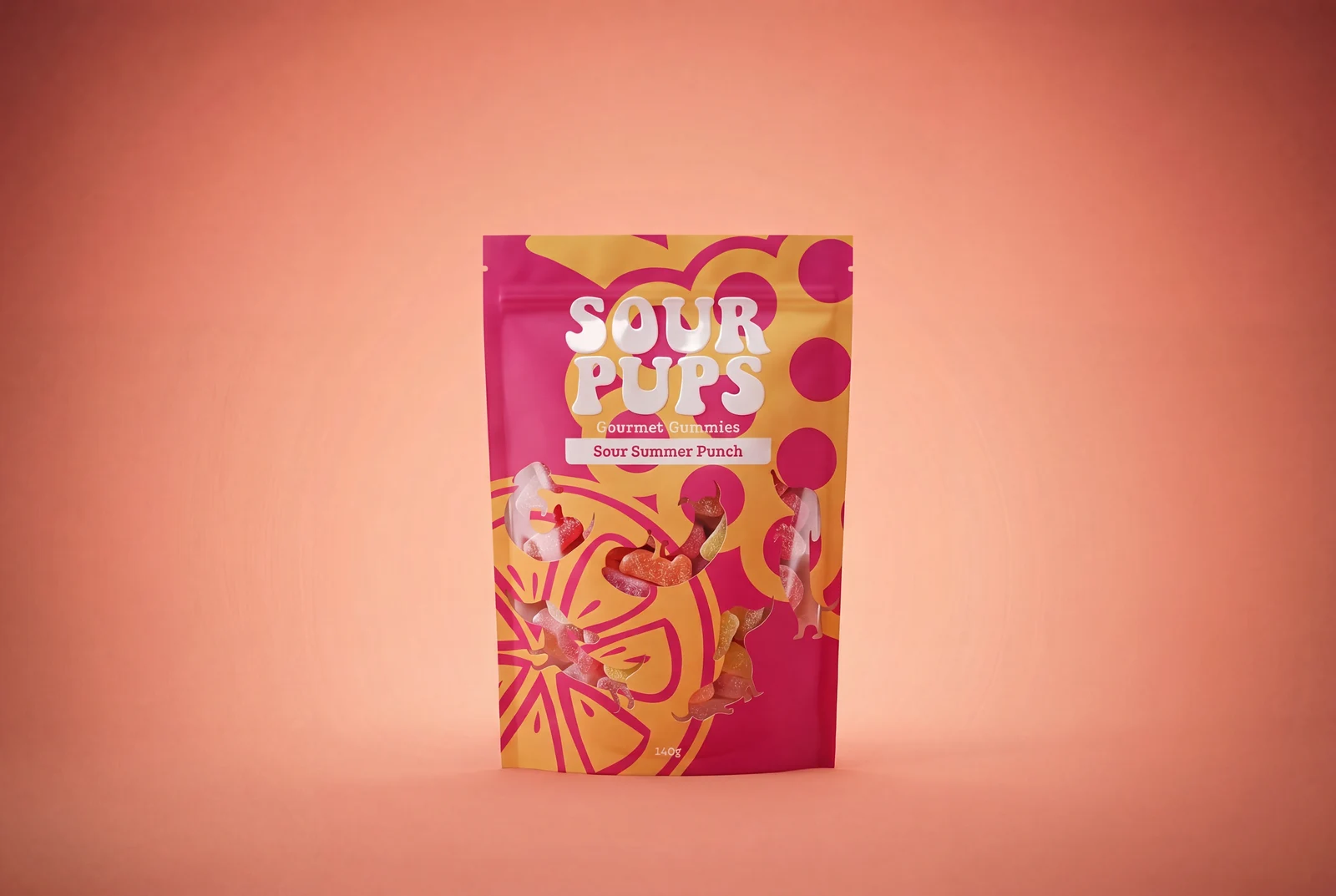 Sour Pups Gourmet Gummies package in pink and orange with citrus and dog designs, flavor Sour Summer Punch.