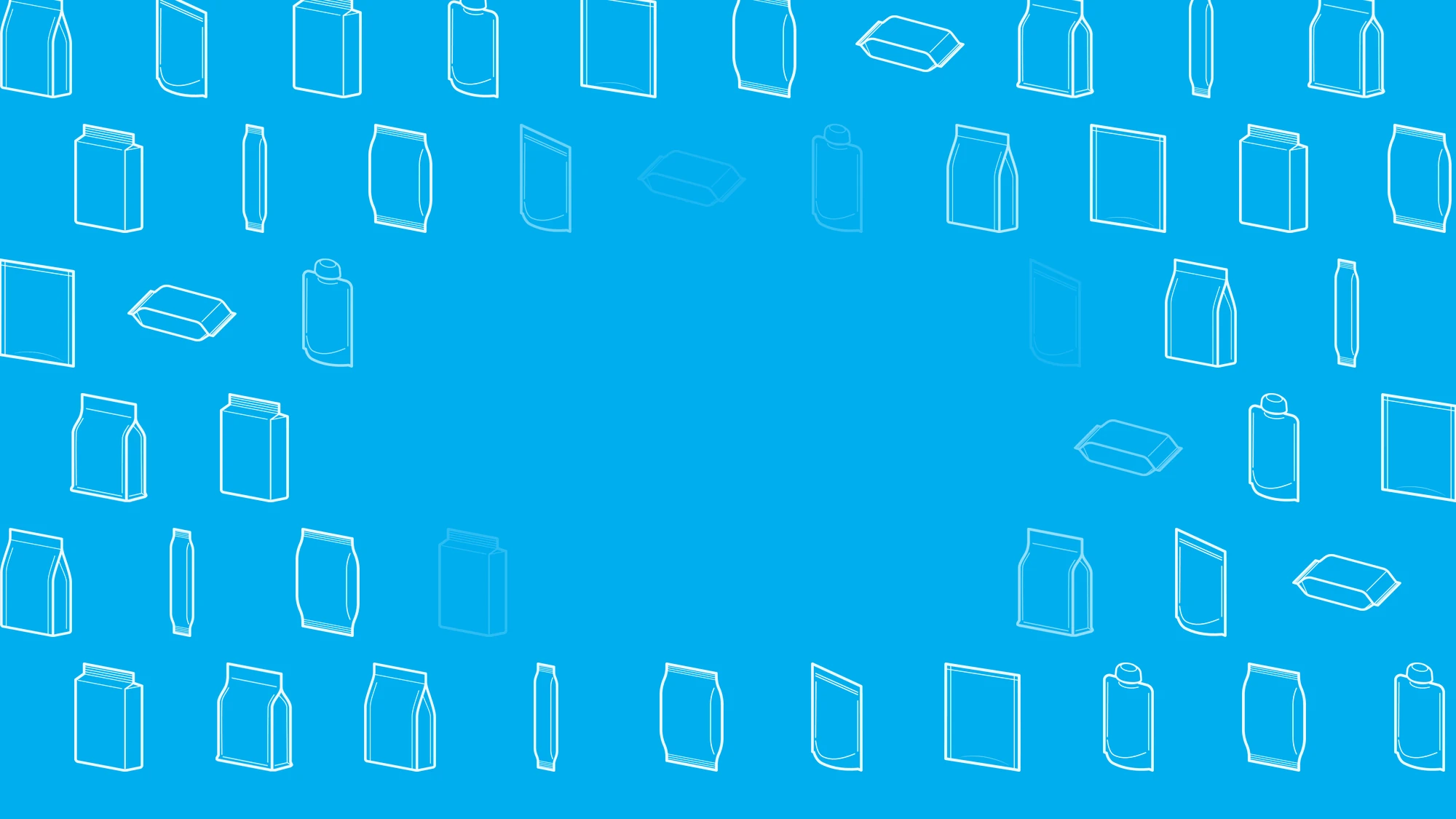 Various white outlined packaging shapes on a bright cyan background with empty space in the center.