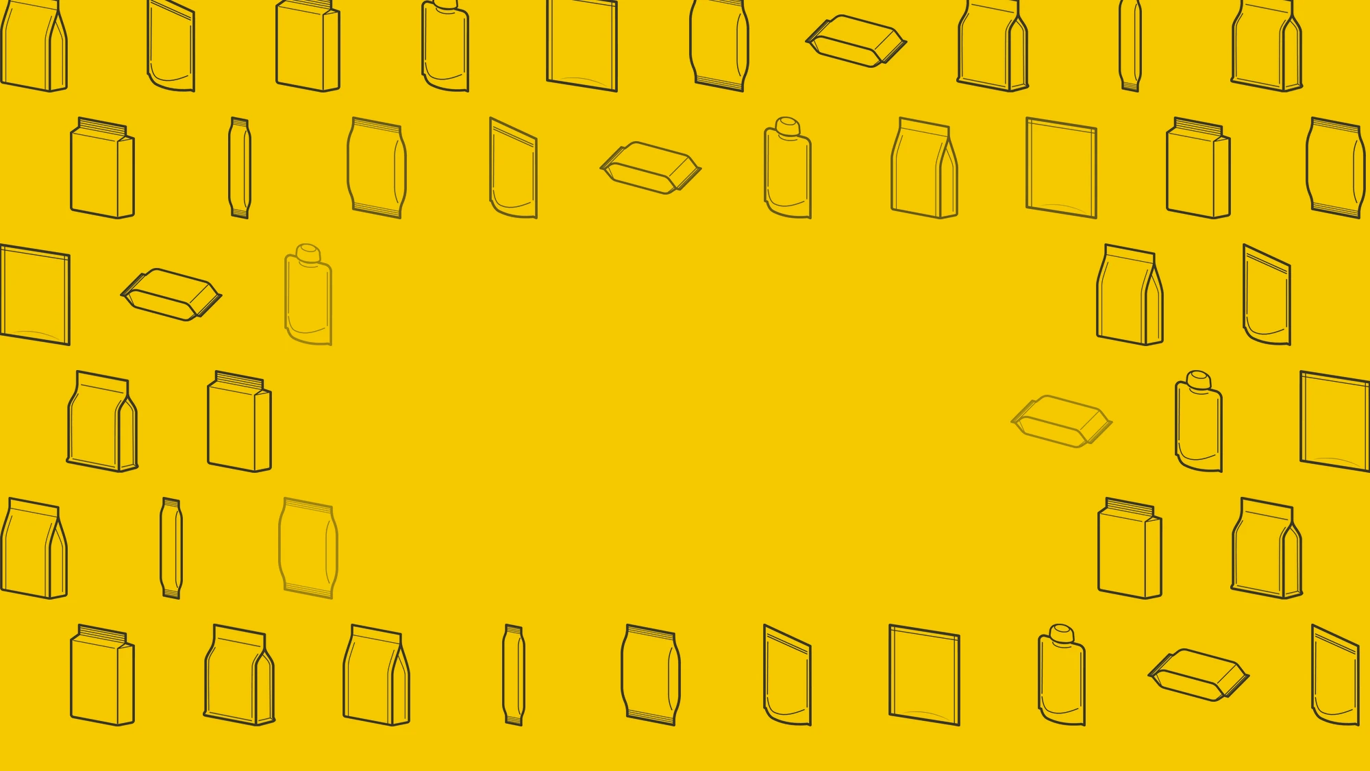 Pattern of various outlined packaging shapes on a yellow background with a clear center.