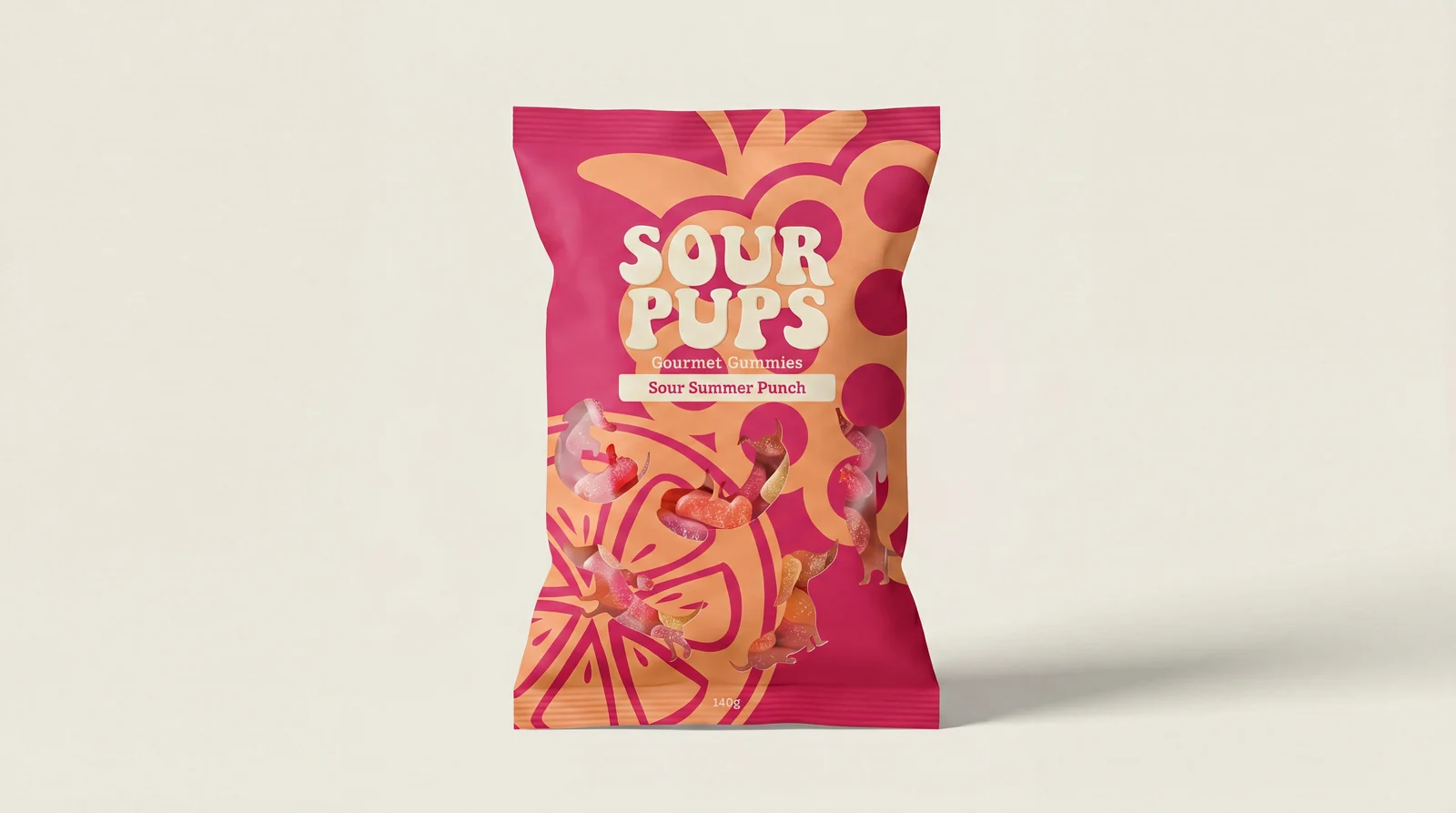 Pink bag of Sour Pups gourmet gummies in sour summer punch flavor with orange and berry design.