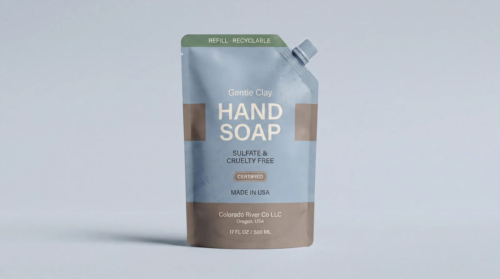 Refill pouch of gentle clay hand soap, sulfate and cruelty free, made in USA by Colorado River Co.
