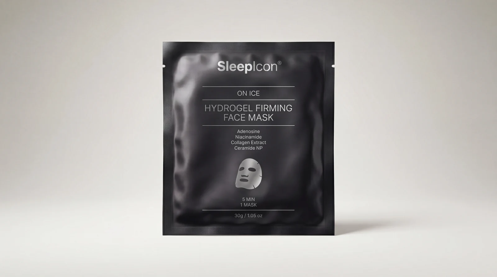 Black packet of SleepIcon On Ice hydrogel firming face mask with ingredients and usage details.