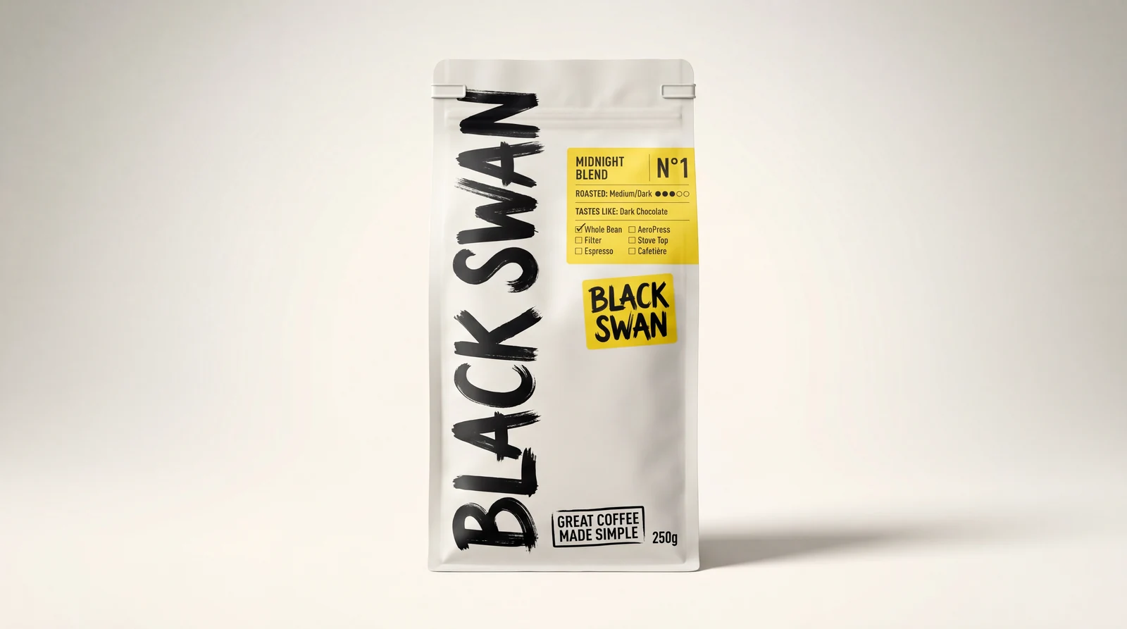 White sealed bag of Black Swan Midnight Blend coffee, medium/dark roast, whole bean, 250g.