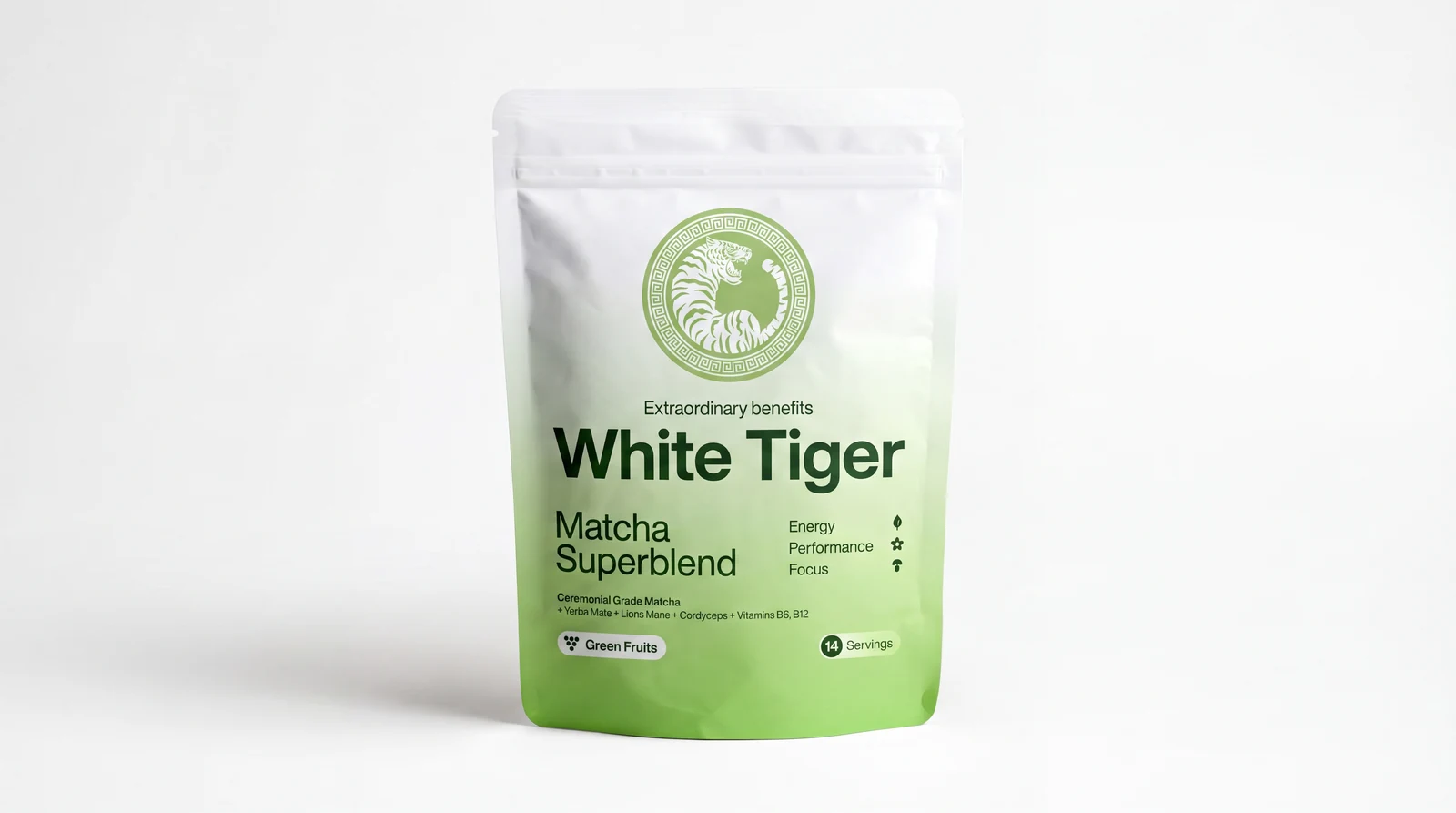 White Tiger Matcha Superblend package with green gradient and tiger logo on white background.