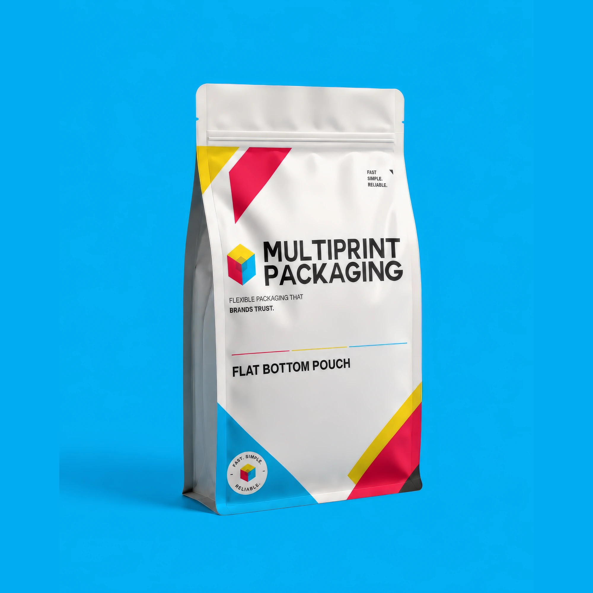 White flat bottom pouch packaging with colorful geometric shapes and text on bright blue background.