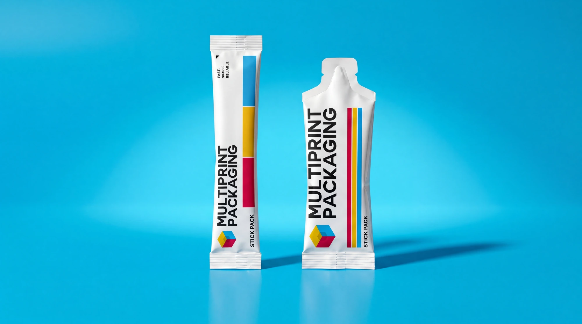 Two white stick pack packages with colorful geometric designs and 'Multiprint Packaging' text on blue background.