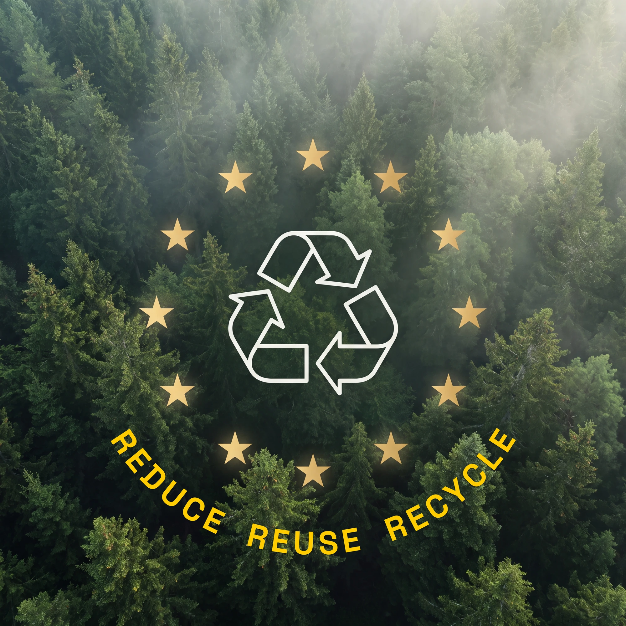Aerial view of dense green forest with recycling symbol and words Reduce Reuse Recycle in yellow stars.