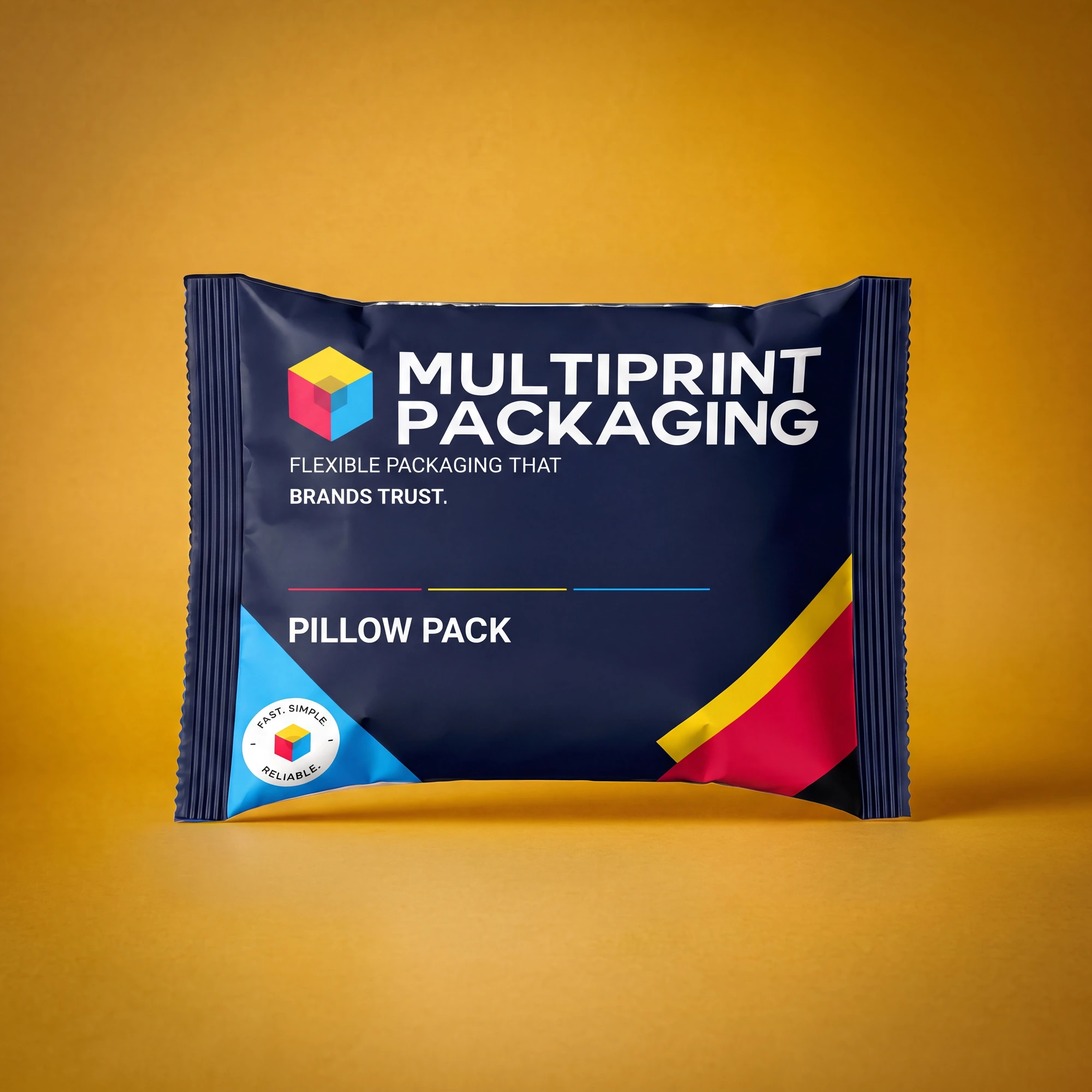 Blue pillow pack packaging with colorful cube logo and text Multiprint Packaging on yellow background.
