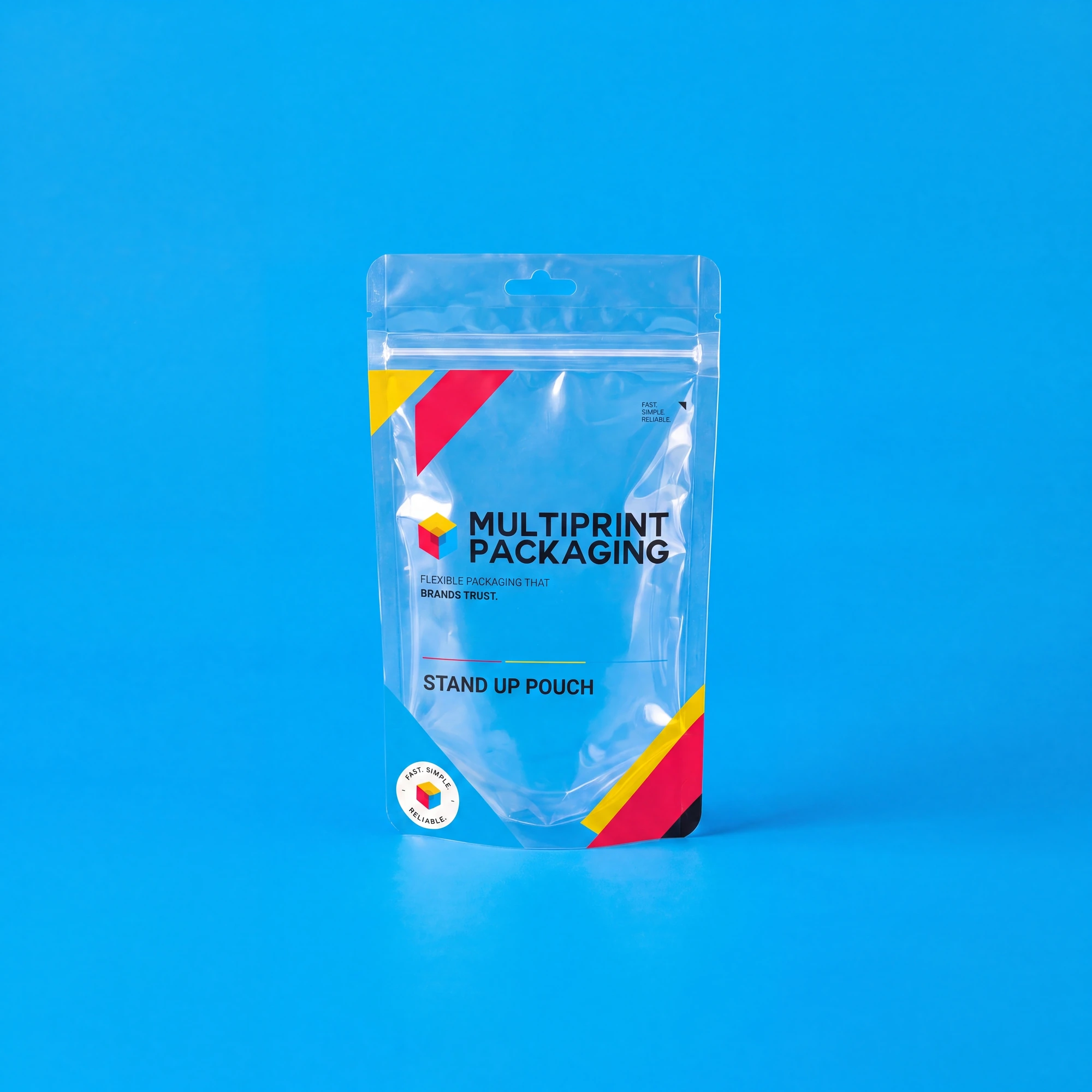 Clear Multiprint Packaging stand-up pouch with red, yellow, and black accents on blue background.