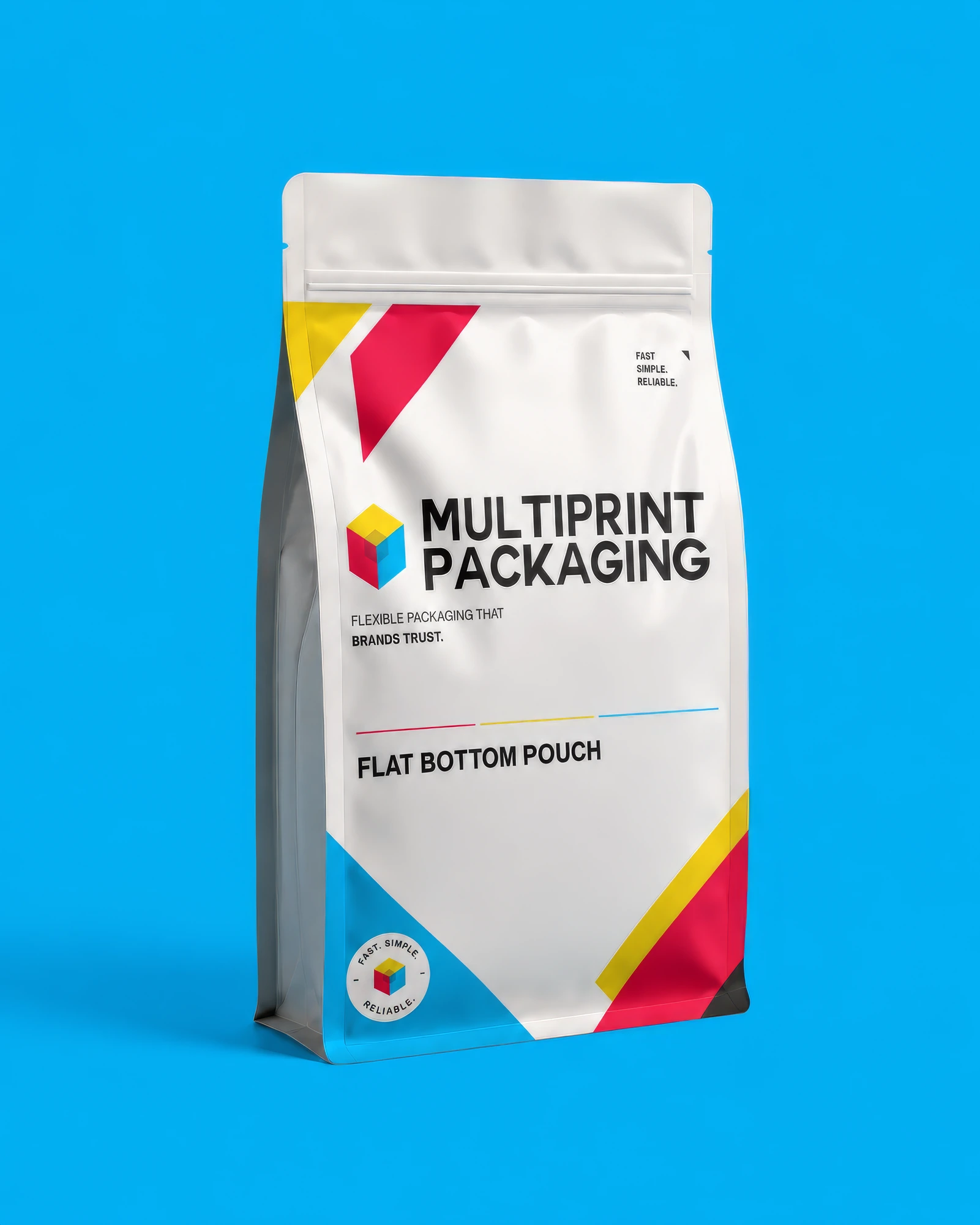 White flat bottom pouch with colorful geometric design labeled Multiprint Packaging on blue background.