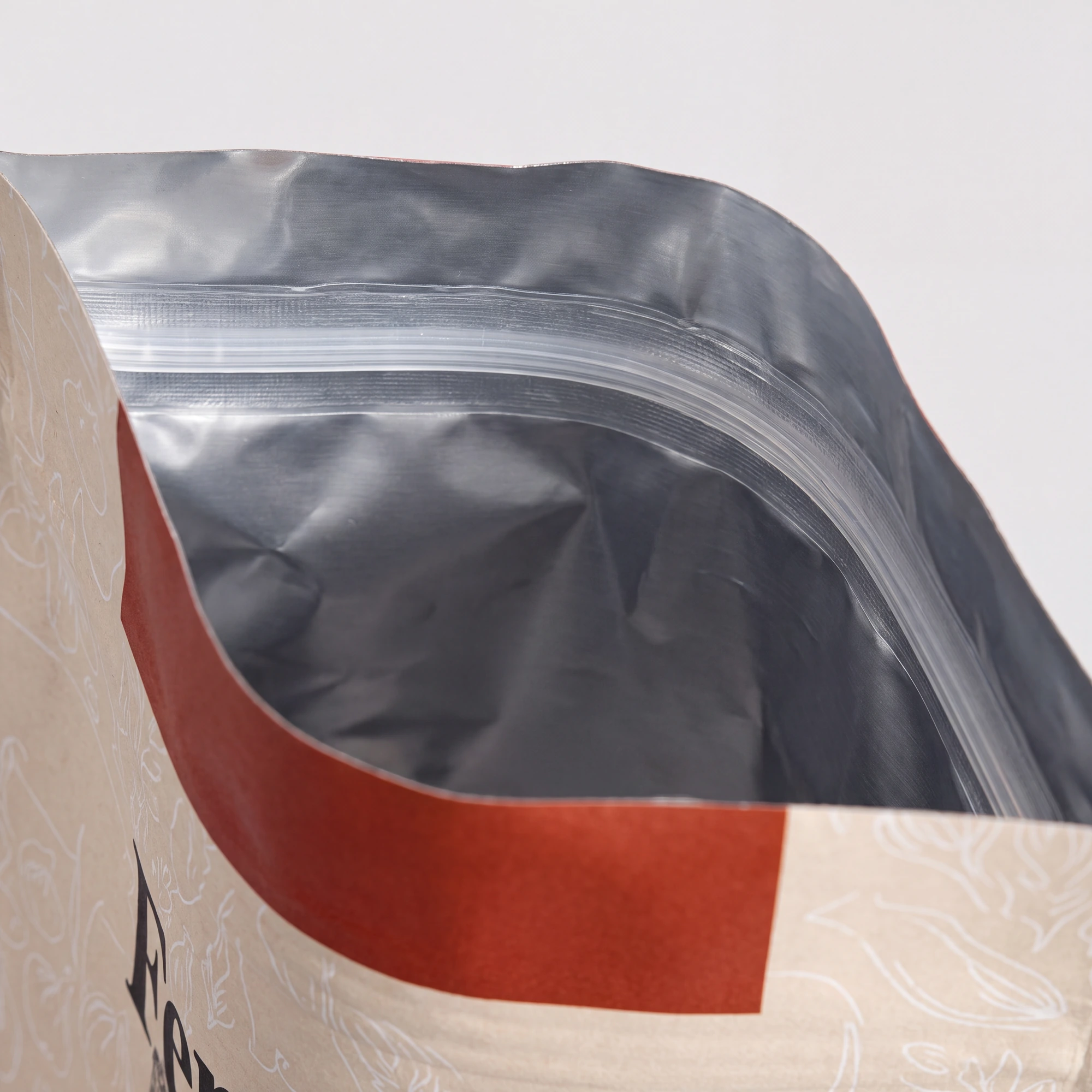 Close-up of an open resealable foil pouch with a red and beige exterior.