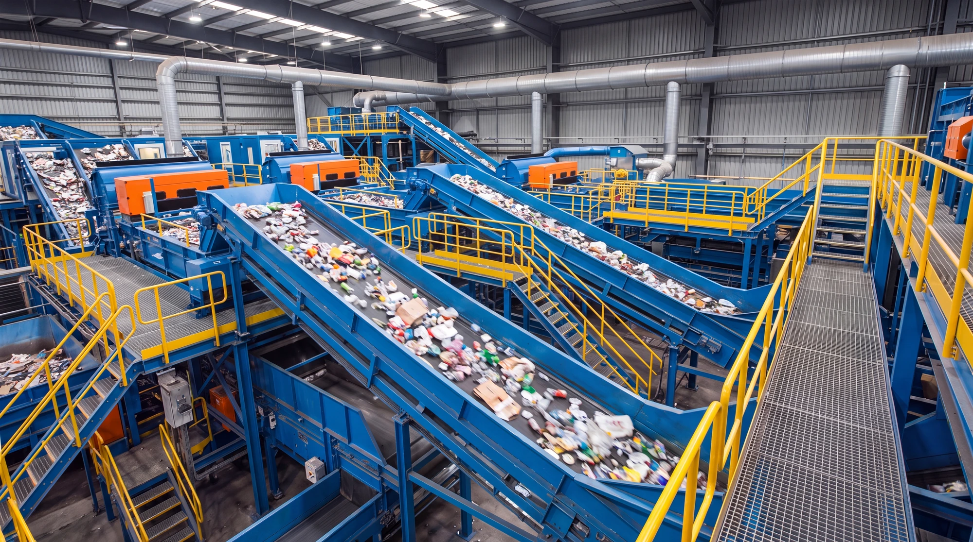 Interior of a recycling facility with blue conveyor belts carrying assorted waste materials.