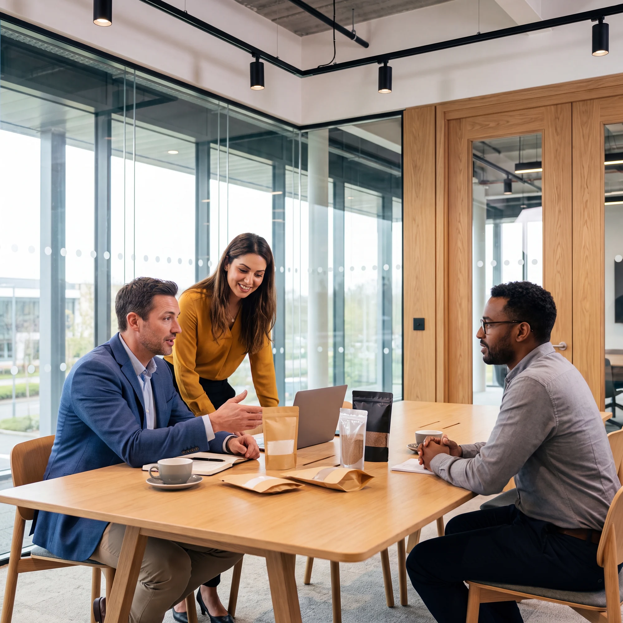 Three professionals sitting at a table in a meeting room discussing products with a laptop and coffee cups.