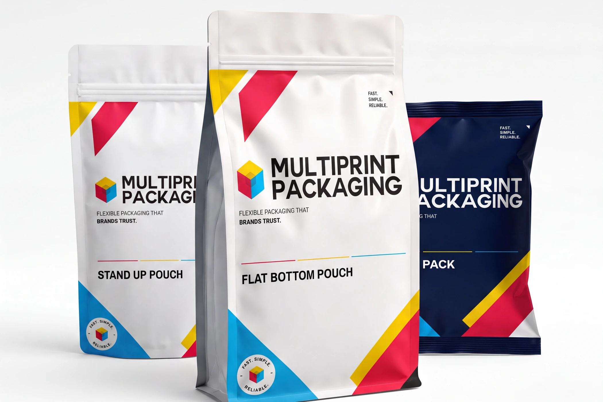 Three colorful Multiprint Packaging pouches labeled stand up, flat bottom, and lay flat pack.