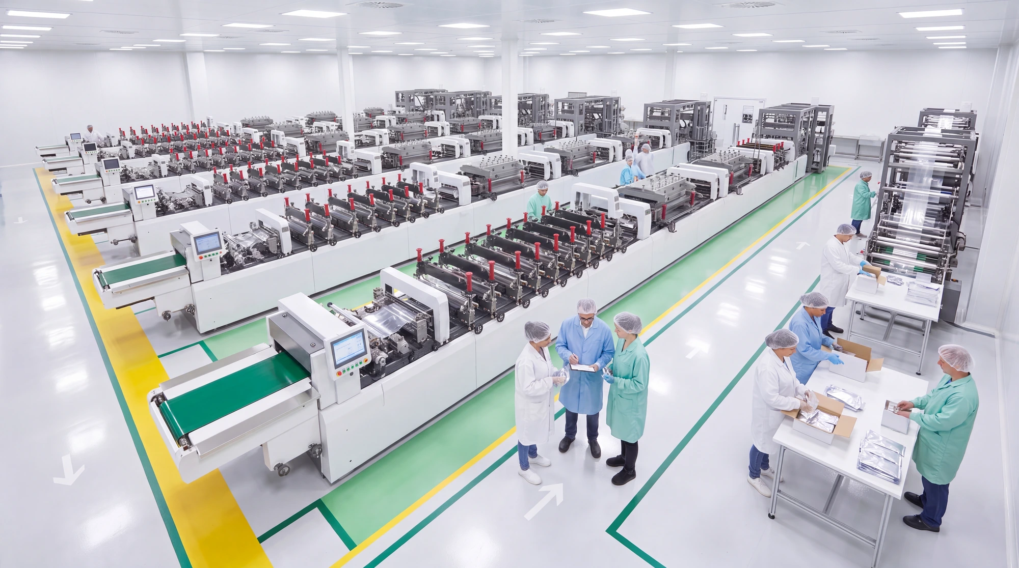 Cleanroom with workers in lab coats and hairnets operating and packing products on machines and tables.