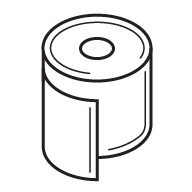 Black and white simple icon of a toilet paper roll with a sheet partially unrolled.