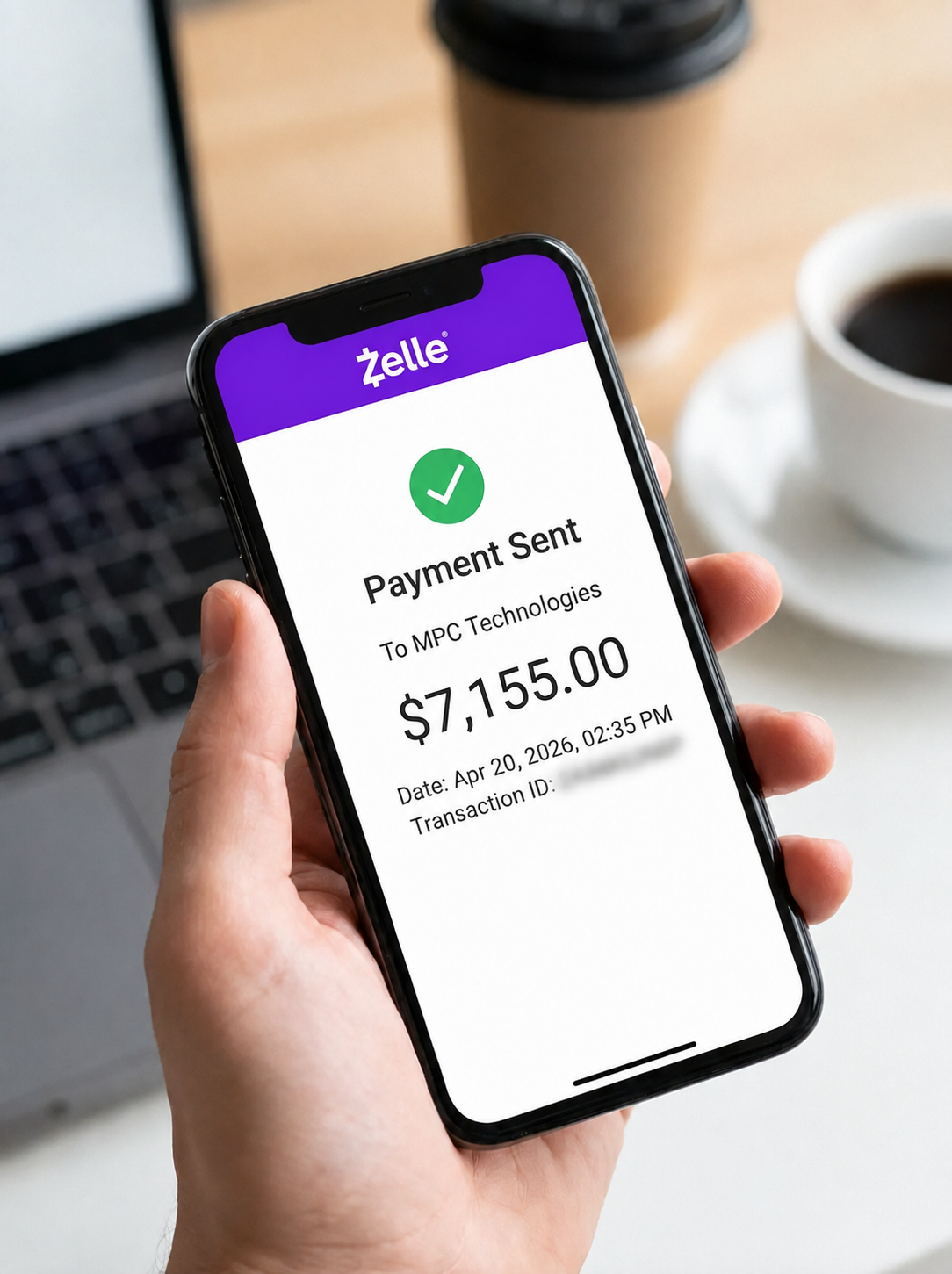 Redacted Zelle confirmation showing a $7,155 payment sent to MPC Technologies