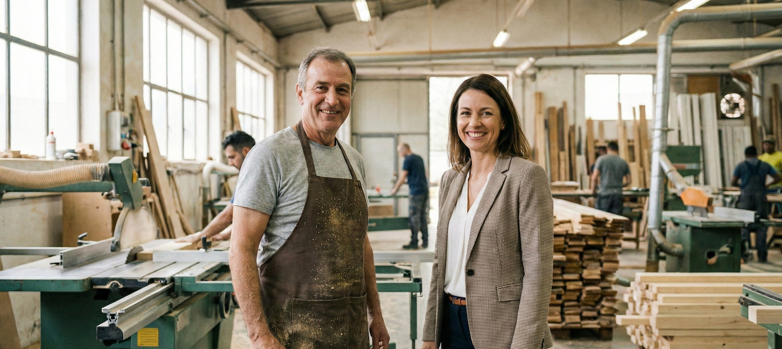 An owner and an advisor standing together on the floor of a joinery workshop