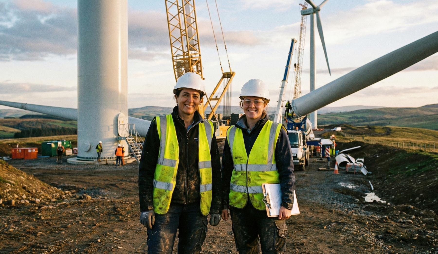 Two people in high-visibility jackets walking a wind farm construction site at dusk