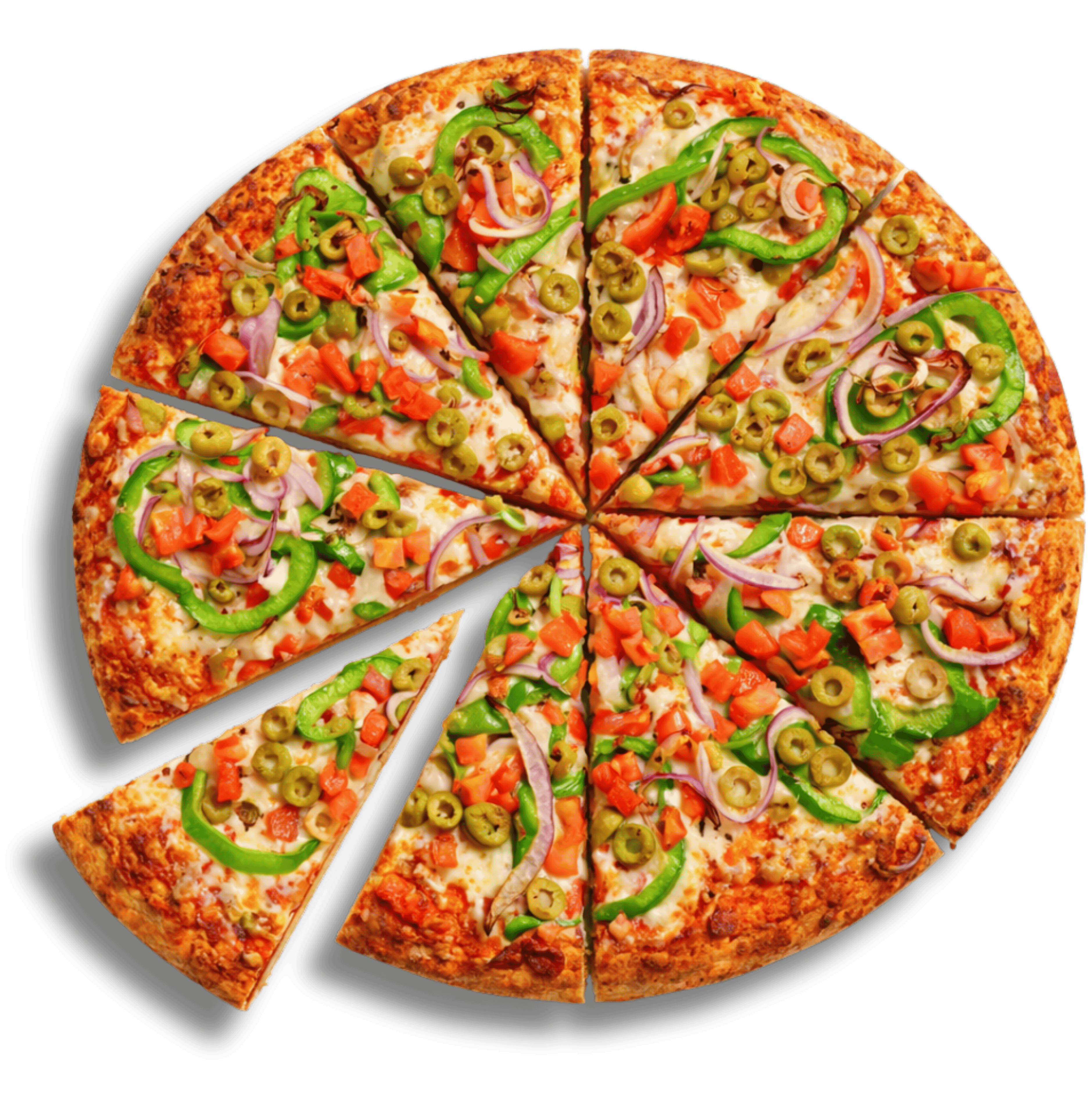 Whole pepperoni pizza with eight slices and one pepperoni on each slice on a brown gradient background.