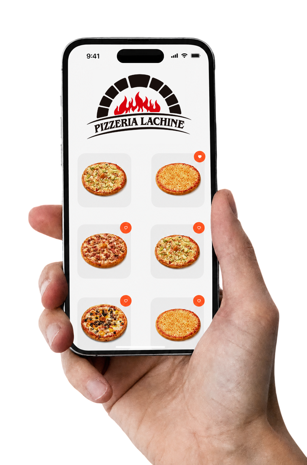 Hand holding phone showing pizza menu app with six pizzas and Le Surfin logo at top.