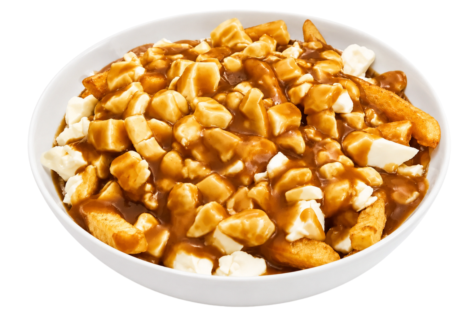 White bowl of poutine with fries, cheese curds, and brown gravy sauce.