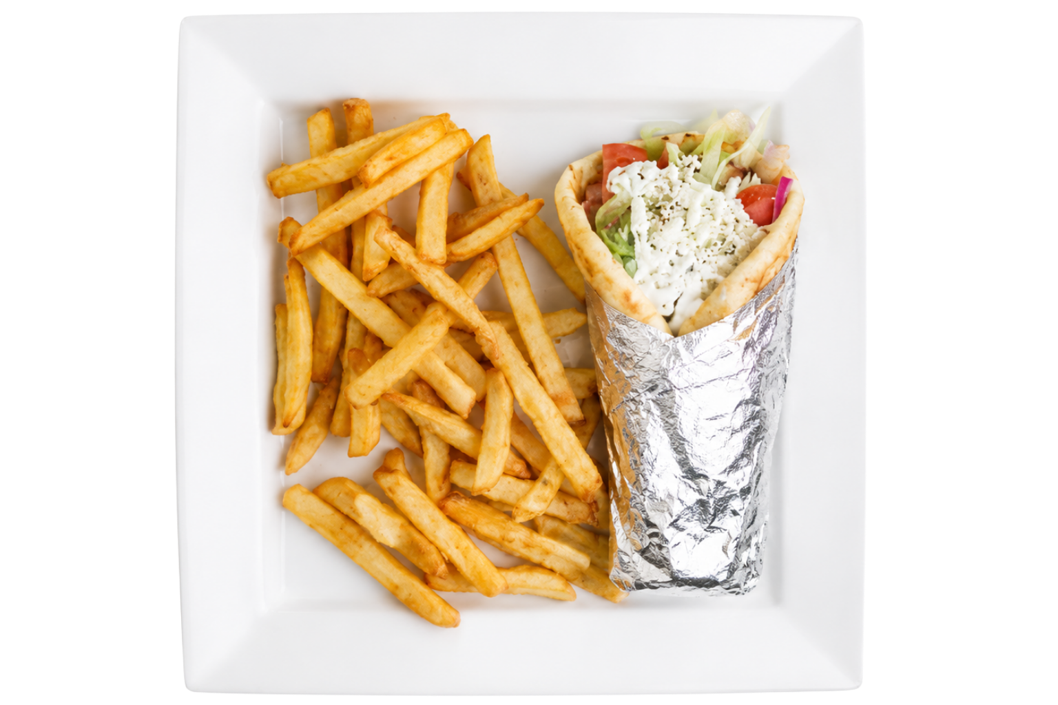 Cheeseburger with bacon, lettuce, tomato, and mayonnaise served with French fries on a white plate.